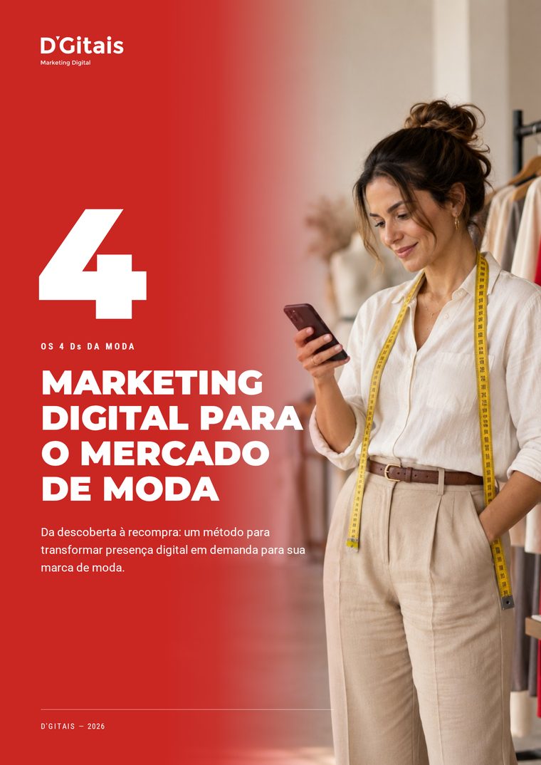 Capa do e-book Marketing Digital para o Mercado de Moda, com o número 4 em destaque e uma gestora de moda no ateliê olhando o celular