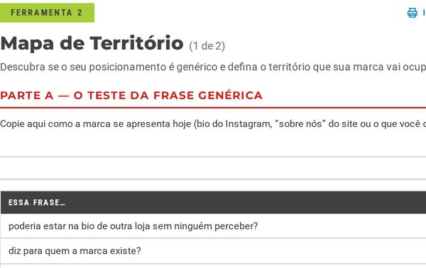 Página da ferramenta Mapa de Território, com o teste da frase genérica e as 6 dimensões do posicionamento