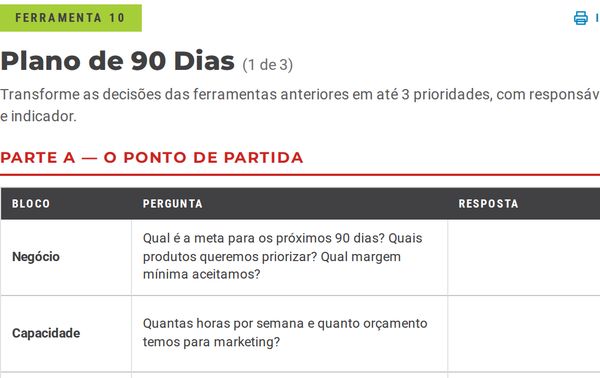 Página da ferramenta Plano de 90 Dias, com o ponto de partida e as decisões de cada ferramenta