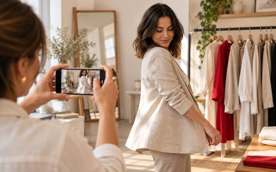 Gestora filmando com o celular uma cliente que experimenta um blazer claro na loja