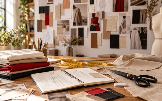 Mesa de ateliê de moda com croquis, amostras de tecido, fita métrica e painel de referências
